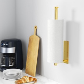 Paper Towel Holder - Self-Adhesive or Drilling, Gold, Wall Mounted, SUS304 Stainless Steel Kitchen Roll Dispenser Under Cabinet