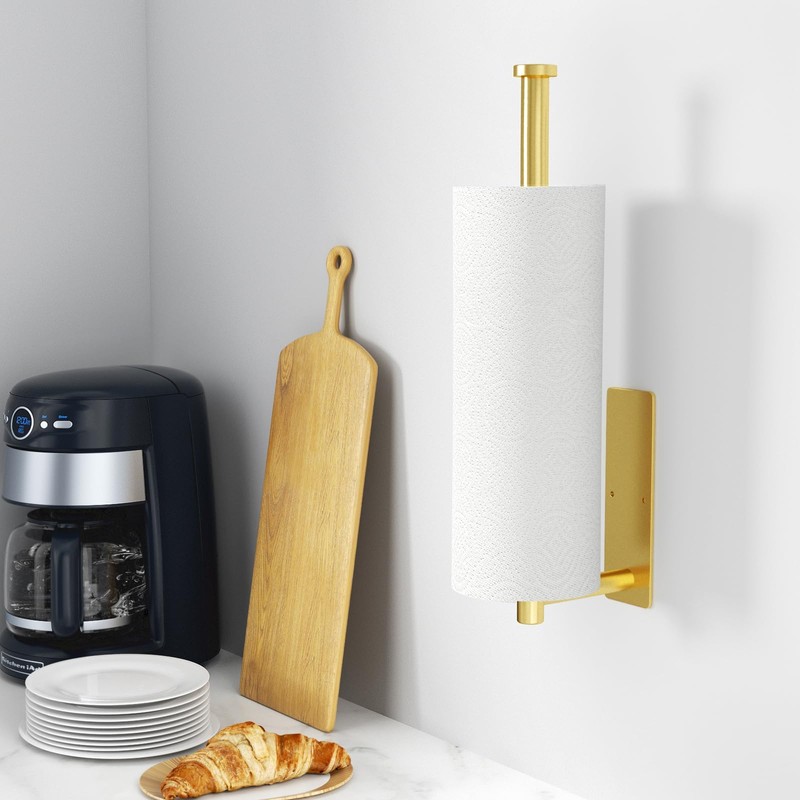 Paper Towel Holder - Self-Adhesive or Drilling, Gold, Wall Mounted,