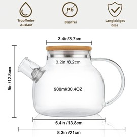 CnGlass Teekanne Glas mit Siebeinsatz, Klare Glasteekanne 900ML/30,4OZ, Herdplattensichere Teekanne für lose Blätter und blühenden Tee, blühendes Tee Geschenk Set