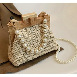 Straw Beach Bags For Women Summer Straw Cross-body Bag Raffia Handbag Pearls Purses Shoulder Bag Shell Shaped Bag 2024