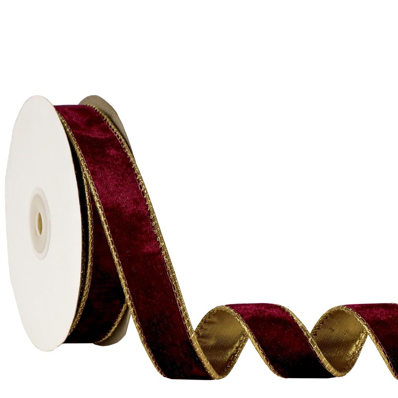 1 Inch Burgundy Velvet Ribbon with Golden Back,2.5cm x 10
