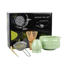 5 pcs Matcha Tea Kit,Japanese Household Matcha Tea Set with Bamboo Whisk, Ceramic Whisk Holder, Traditional Scoop, Matcha Bowl with ‎Pouring Spout Design, Japanese Tea Set with Sifter(Green)