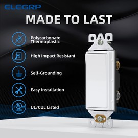 ELEGRP 3 Way Decorative Light Switch, 15Amp, 120-277 Volt, AC Decorator Rocker Paddle Wall Switch Replacement, Self-Grounding, Residential and Commercial Grade, UL Listed (5 Pack, Glossy White)