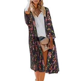 MayBuy Beach Cover Ups for Women Kimonos Boho Swimsuit Chiffon Coverups Long Flowy Swimwear Cardigan Summer Open Front Cover Up Black-Flower XL