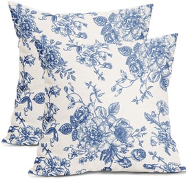 Kawani Blue Floral Pillow Covers 24x24 Inch Vintage Flower Blue Cream Decorative Throw Pillow Covers Set of 2 Chinoiserie Pillowcases Cotton Linen Cushion Covers for Couch Decor