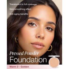 Mineral Fusion Pressed Powder Foundation - Matte Finish Face Powder for Med/Tan Skin with Yellow Undertones - Age Defying Natural Makeup - Talc Free, Vegan, Hypoallergenic (Warm 3)