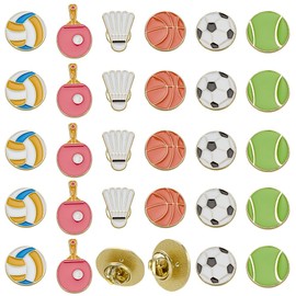 PLIGREAT 30 Pcs Sports Lapel Pin Ball Lover Pin Alloy Basketball Football Baseball Lapel Brooch for Hat Shirt Tie Tack Cloths Backpack Charm Decor Men Women Sports Fan Gift, 6 Styles, Alloy Steel