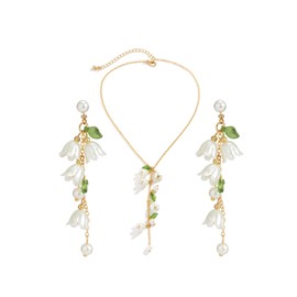 Flower Necklace Earrings Set for Women Girls Pearl Leaf Pendant Necklace Floral Tassel Chandelier Earrings 14k Gold Plated Y-Shaped Choker Necklace (Gold)