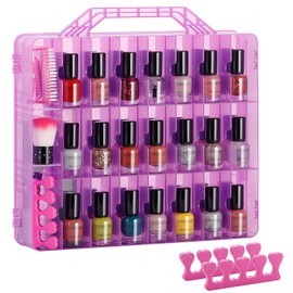 DreamGenius Nail Polish Organizer Case for 48 Bottles, Double Side Gel Nail Polish Holder with Adjustable Dividers, Portable Nail Polish Storage Organizer with 2 Nail Separators, Purple