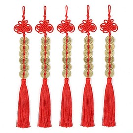 Topxome Retro 6 Coins Red Chinese Knot Copper Feng Shui Wealth Success Lucky Charm Home Car Hanger Decors (Pack of 5)