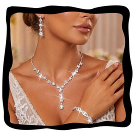 Aukmla Rhinestone Wedding Prom Jewelry Sets Silver Diamond Necklaces and Earring Bracelet Set for Brides and Women (Silver)