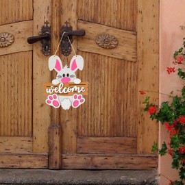 OUR FANDA Welcome Wreath, Cute Bunny Happy Signs for Front Door, Wooden Easter Decorations Indoor Home Decor for Front Porch Window Wall Farmhouse Indoor Outdoor