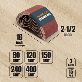 POWERTEC 15PK 2-1/2 x 16 Inch Sanding Belts for Belt Sander, 3 Each of 80, 120, 150, 240, 400 Grits, Aluminum Oxide Belt Sander Paper Assortment for Wood & Paint Sanding, Metal Polishing (401500)