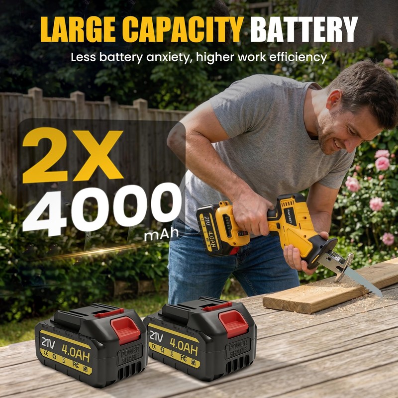 RAYLEEY Cordless Reciprocating Saw, Brushless Motor, 2x4000mAh Battery, 8 Saw