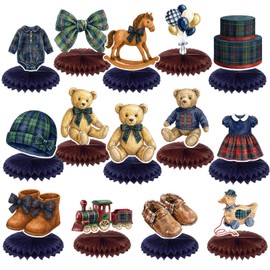 Gueevin 14 Pcs Tartan Plaid Style Bear Baby Shower Decorations Brown Blue Bear Baby Shower Honeycomb Centerpieces 3D Table Decorations for Neutral Gender Reveal Vintage Birthday Party Supplies