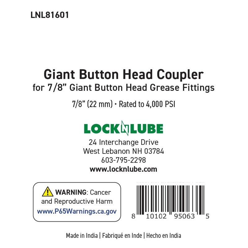 LockNLube Giant Button Head Coupler 7/8" For Use With 7/8
