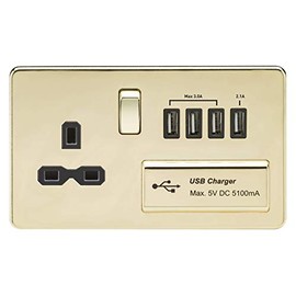 Knightsbridge SFR7USB4PB Screwless 1G 13A Switched Socket with Quad USB Charger 5V Dc 5.1A-Polished Brass with Black Insert