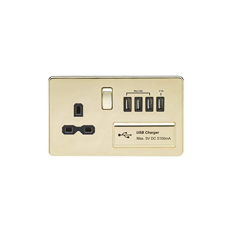 Knightsbridge SFR7USB4PB Screwless 1G 13A Switched Socket with Quad USB