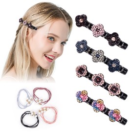 4 Three Flower Side Hair Clip Woman and 4 Pearl Hair Ties - Sparkling Crystal Stone Braided Hair Clips