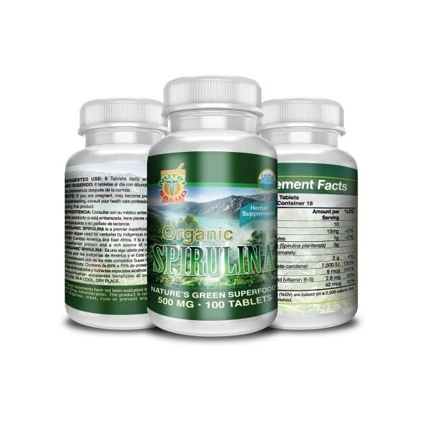 Nutrisalud Products Spirulina Organica 100 Tabletas 500MG, alga spirulina 100% pura y organica