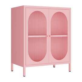 LYMOUYEE 2 Translucent Door Metal Accent Storage Cabinet for Bedroom, Living Room,Bedside, Office Room,Kitchen-Metal Locker Cabinet with 1 Adjustable Shelves-2-Tier (Pink)
