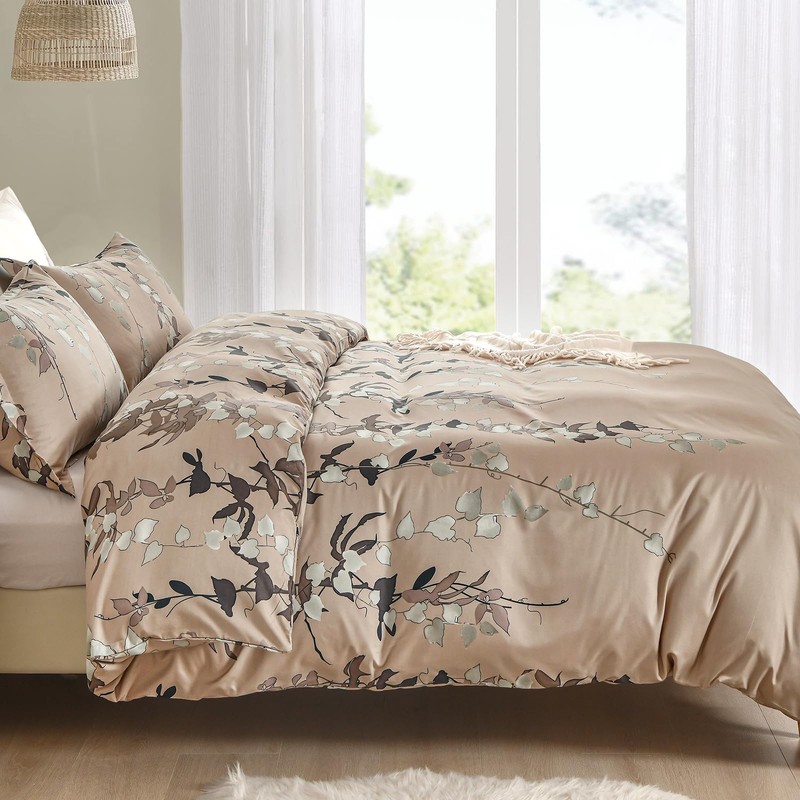 Double Duvet Set Botanical Brown Bedding Set Polyester Breathable Stylish