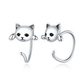 Cute Cat Half Hoop Earrings S925 Sterling Silver Lovely Pet Animal Huggie Hoops Wrap Cuffs Stud Earring Ear Piercing Cartilage Jewelry Dainty Gifts for Women Daughter Sensitive Ears