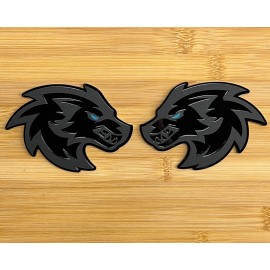 UsaStandard Wolf Badges LTBlue eye Car Emblem Fender BADGES (2) Matte Black on Black, Racing