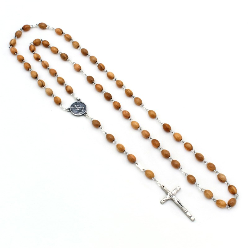St. Michael Medal Rosary Olive Wood Beads Metal Crucifix