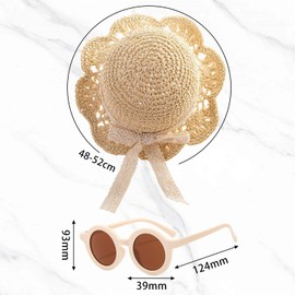 CWPFVQA 1 x Children's Straw Hat, 1 Pair of Sunglasses, Soft Straw Hat, Lace Straw Hat, Cute and Cute Straw Hat with Bow Decoration, Summer Beach Hat, cream-coloured