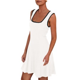 MASCOMODA MASCOMODA Women 2025 Casual Summer Mini Dresses Sleeveless Sweater Dress Square Neck A Line Swing Knit Tank Short Dress (Beige White,Small)