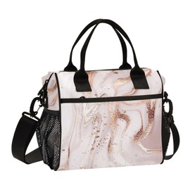 Insulated Lunch Bag Rose Gold Marble Lunch Box for Women Large Lunch Tote Thermal Reusable Cooler Bag with Shoulder Strap Work School Picnic
