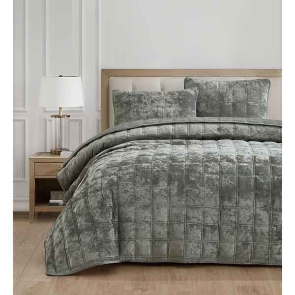 Chezmoi Collection Piers Medium Gray Velvet Quilt Oversized King Set,