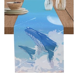 Dining Table Runner Dresser Scarves, Summer Blue Sky and Sea Whales with Ocean Waves Table Runners 48 inches Long,Non-Slip Washable Coffee Table Runners for Wedding Holiday Party Table Decoration