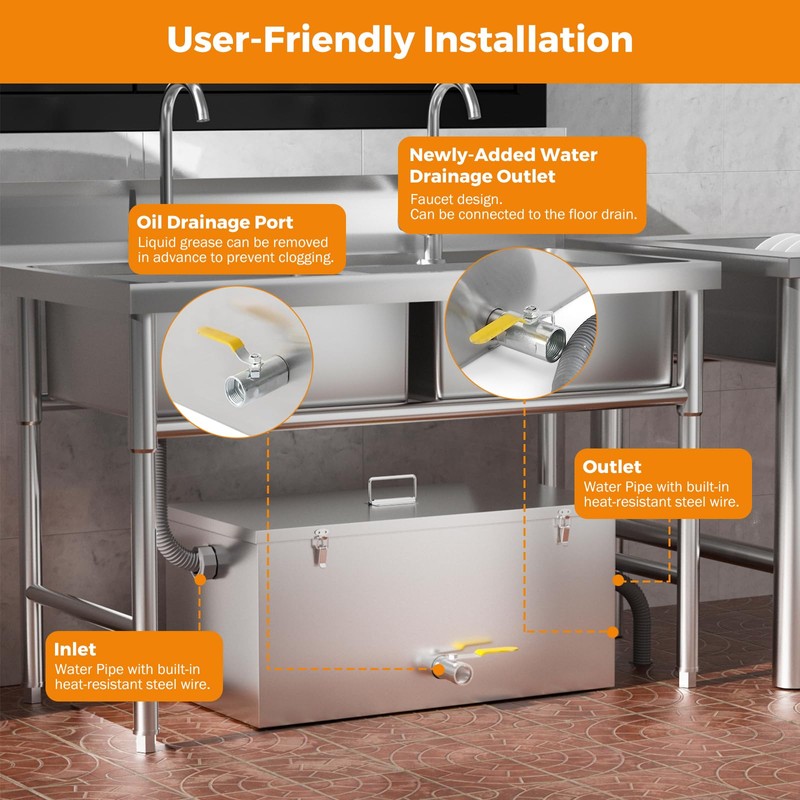BEAMNOVA Commercial Grease Trap 25lbs Stainless Steel Interceptor, Side Inlet