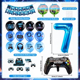 Hierein Video Game Birthday Decoration Set 7 Years, 37 Pieces Gaming Controller Balloons Birthday Decoration Boys Foil Balloons Children's Birthday Decoration for Boys Girls Birthday Game Themes Party