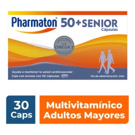 Pharmaton 50 + Senior Multivitamínico para Adultos Mayores 30 Cápsulas de 750 mg c/u. Mejora tu Salud Cardiovascular. Suplemento para Nutrición Diaria