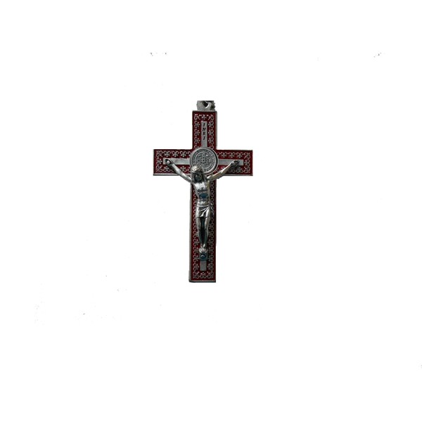 St. Benedict Crucifix Necklace 3" Pendant Cross Medal Red Enamel