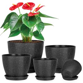 5 Pcs Plant pots, 7.5/6.5/5.7/4.9/4.1 inch Pots for Plants, Flower Pot Indoor Modern Decorative Plant Pot, Plant Pots Indoor with Drainage and Saucer for All House Plants (Drainage Set of 5 Black)