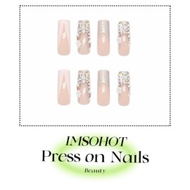 IMSOHOT Rhinestone Press on Nails Long Square Fake Nails White French Tips Glossy Glue on Nails Full Cover Nude Acrylic Artificial False Nails Luxury Nail Supplies Stick on Nails 24Pcs