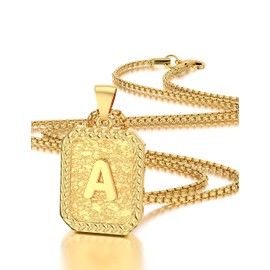Initial A-Z Letter Pendant Necklace Mens Womens Capital Letter 18K Gold Plated Square Monogram 2MM Box Chain 20inch (A)