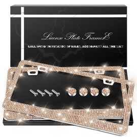 QUANQIUFEI 2 Pack Bling License Plate Frames, Sparkly Rhinestone Diamond Car License Plate Cover for Women, Stainless Steel Car Accessories with Glitter Crystal Caps (Light Peach)