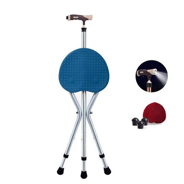 Folding Cane Seat with Bright LED Light Height Adjustment 300 lbs Capacity Walking Stick Combo Chairs Stool Deluxe Massage Crutches Seat Aluminum Lightweight Travel Aid for Elder Parents Gift (Blue)