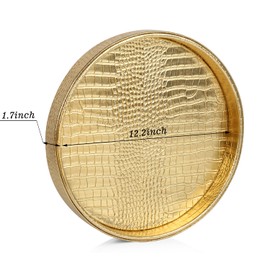 HofferRuffer Faux Leather Round Serving Tray, Vegan Croco Leather Decorative Tray, Food Tray for Storage Drinks, Snack & Cosmetics, Dia.12'' x 1.6'' (Gold)