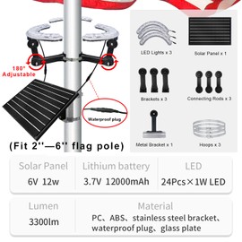Flagpole Solar Light,3300lm 24 LEDs Super Bright Flag Pole Light Solar Powered,Adjustable Clamp Fits 2-6" Dia 15-40 Ft Outdoor Flag Poles