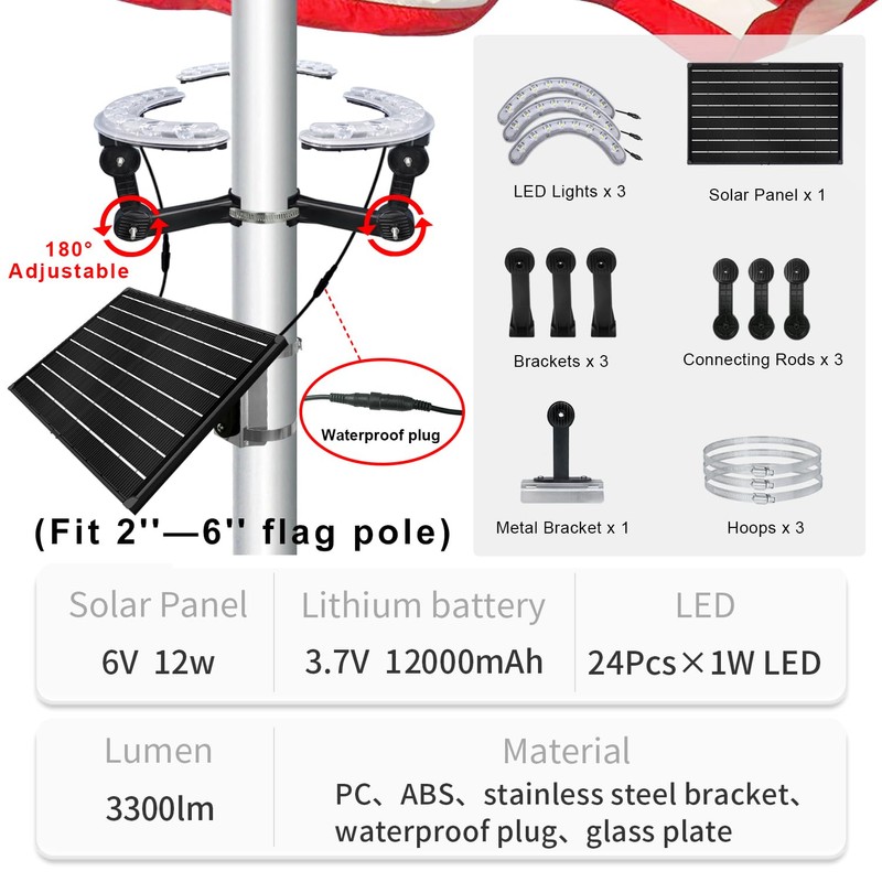 Flagpole Solar Light,3300lm 24 LEDs Super Bright Flag Pole Light