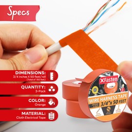 XFasten Wire Harness Tape Orange 3-Pack 3/4 Inch x 50-Feet Residue-Free Heat Resistant Automotive Wire Loom Tape Cloth Electrical Tape Automotive Fabric High Heat Cable Wrap Tape