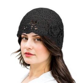 Gllutt Crochet Hat for Women Vintage Knit Cutout Floral Summer Beanie Hat (Cotton, 3-Flowers Black)