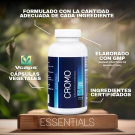 Essentials POLINICOTINATO DE CROMO | Enriquecido con Alga Espirulina | 120 Cápsulas vegetales | 200mcg por cápsula | Suplemento Alimenticio para la salud y bienestar