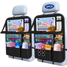 Oneyus Car Backseat Organizer with Table Tray(2-Pack) 9 Storage Pockets Backseat Car Organizer and storage with Tablet Holder, Kick Mats Back Seat Cover for Kids family Road Trip Essentials Travel